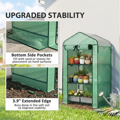 Outsunny 3 Tier Mini Greenhouse with Screen Roof, 27.6" x 19.7" x 50", Portable Small Greenhouse with High Strength PE Cover, Roll-Up Zipper Door for Garden Yard Backyard, Green