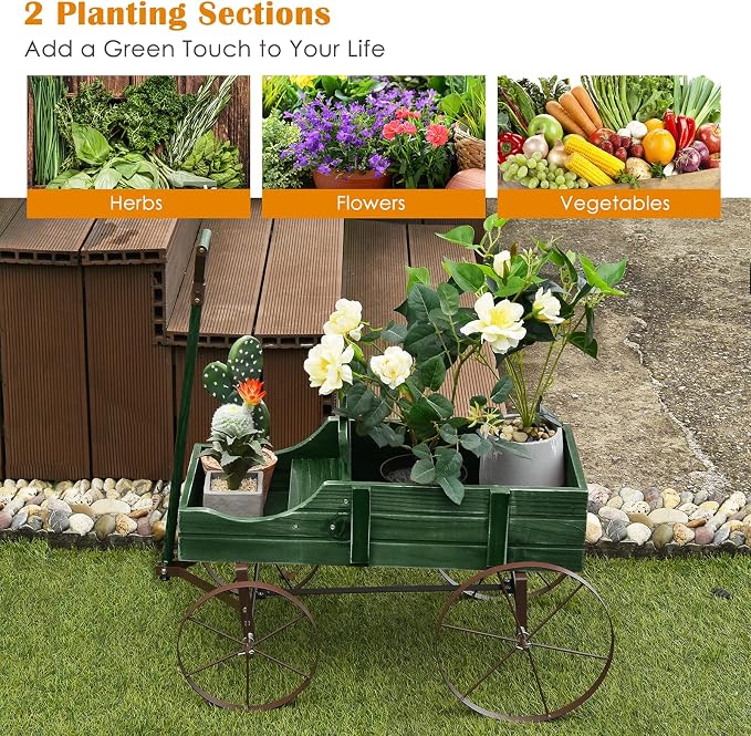 Goplus Wagon Planter, Decorative Wooden Garden Planter with Wheels, 2 Planting Sections and Adjustable Handle, Indoor Outdoor Backyard Balcony Decor (Green)