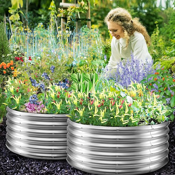 YSEJOMP 17" Tall 40" Diameter Round Raised Garden Bed Kits Outdoor Silver | 1.5 FT Tall,3.3FT Planter Bed for Flowers,Herbs,Vegetables,Trees,0.8MM Thick Galvanized Metal,with Gloves,Tool free