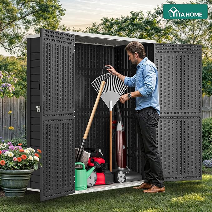 YITAHOME 59 cuft Outdoor Vertical Storage Shed, Tall Storage Shed Outdoor w/o Shelf, Outdoor Waterproof Storage Cabinet for Garage, Pool Storage, Garden Shed Outdoor Storage, Dark Gray