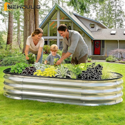 NEWBULIG Galvanized Raised Garden Bed Outdoor, 8x4x1ft Metal Planter Box for Vegetables Flowers Herbs, Heavy-Duty Oval Raised Flower Bed for Gardening, Open Bottom, Easy Assembly, Safe Edges
