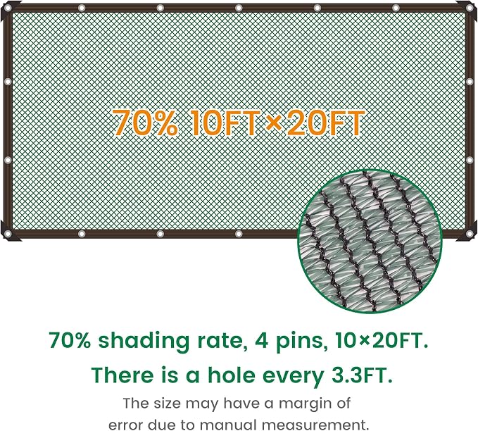 Shade Cloth, 10FT X 20FT 70% Green Outdoor Woven Sun Shade with Grommets, Durable Breathable Netting Shading Antifreezing for Patio, Garden, DIY Home, Plants Cover, Greenhouse, Dog Kennel