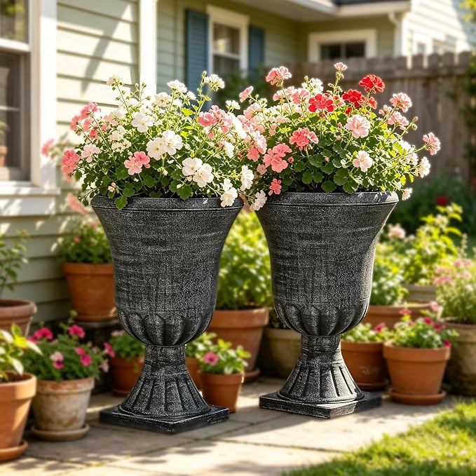 Autodaya 22" Handmade Washed Black Urn Planters Set of 2 Plastic Pots | Handmade Washed Black Finish, Large Weather-Resistant Planters for Porch, Garden, Patio, or Indoor Use