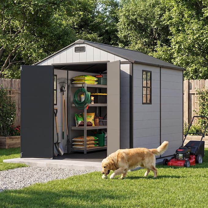 Greesum 8x8FT Resin Shed with Floor, All-Weather Resistance, Light Gray | All-Weather Protection (Rain/Snow/UV) | Sloped Leak-Proof Roof | Heavy-Duty Reinforced Base | Lockable & Well-Ventilated