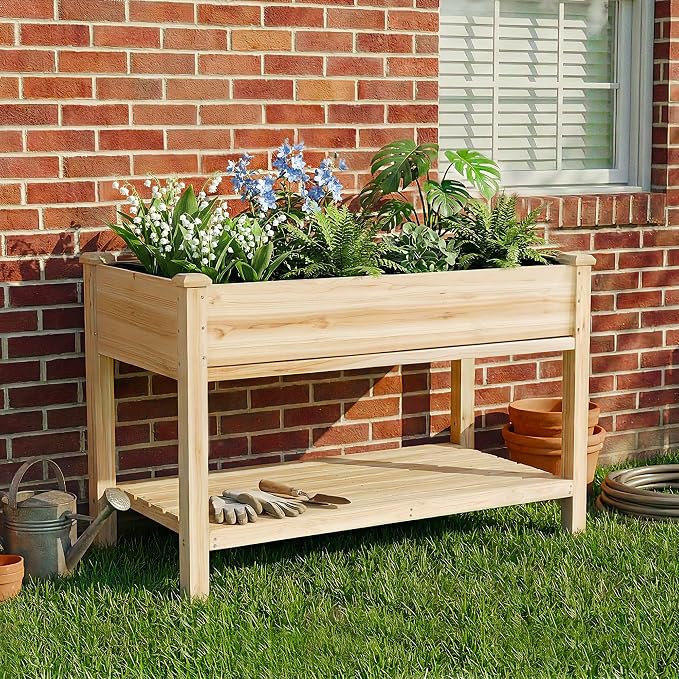48 x 23 x 31 Inches Raised Garden Bed with Legs, Elevated Wooden Planter Box for Outdoor Plants with Water Collection Tray, Storage Shelf, Protective Liner, Natural