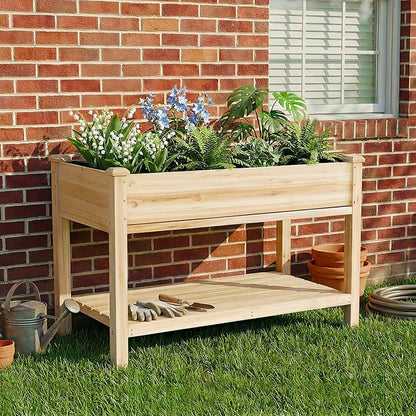 48 x 23 x 31 Inches Raised Garden Bed with Legs, Elevated Wooden Planter Box for Outdoor Plants with Water Collection Tray, Storage Shelf, Protective Liner, Natural