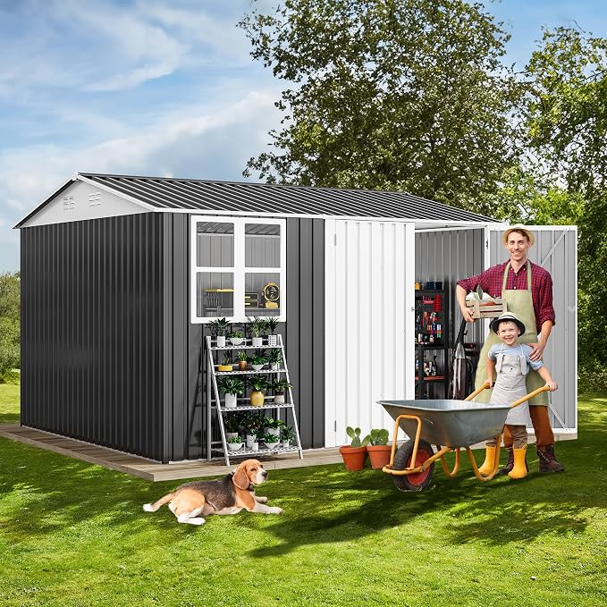 DWVO 10x10ft Large Tool Storage Shed with Window, Lockable Doors, and Sloped Roof, Oversized Steel Outdoor Storage Shed for Garden, Patio, Garage, Backyard, Lawn(Gray + White)
