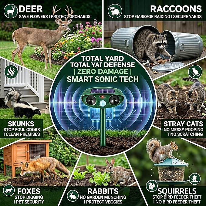 4 Pack Solar Ultrasonic Animal Repellent Outdoor Deer Repellent Devices Squirrel Cat Deterrent with Motion Sensor Waterproof Rabbit Repellent Raccoon Fortress Pro for Plants Garden Yard