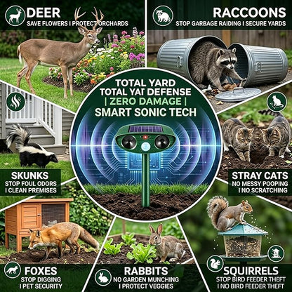 4 Pack Solar Ultrasonic Animal Repellent Outdoor Deer Repellent Devices Squirrel Cat Deterrent with Motion Sensor Waterproof Rabbit Repellent Raccoon Fortress Pro for Plants Garden Yard