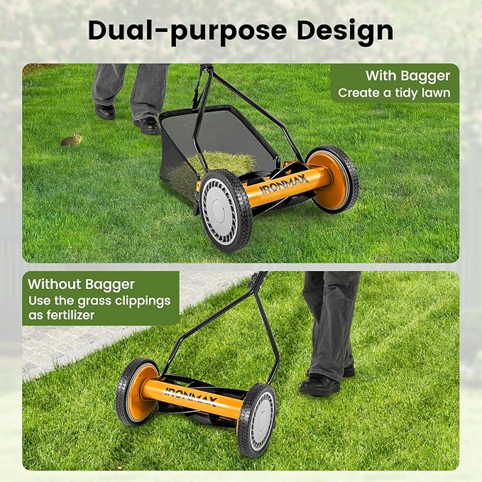 Goplus Manual Lawn Mower, 14 Inch 5-Blade Walk-Behind Cordless Grass Cutter with 7 Gallon Removable Grass Collect Bag, Adjustable Cutting Heights, Push Reel Lawn Mower for Yard, Garden