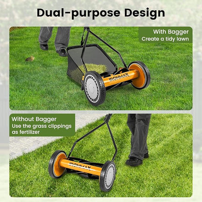 Goplus Manual Lawn Mower, 14 Inch 5-Blade Walk-Behind Cordless Grass Cutter with 7 Gallon Removable Grass Collect Bag, Adjustable Cutting Heights, Push Reel Lawn Mower for Yard, Garden