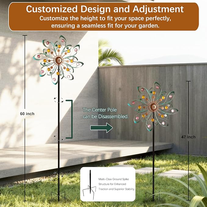 Large Metal Wind Spinners Outdoor, Double-Layer Yard Wind Spinner Outdoor with Stake, Kinetic Windmill for Yard and Garden, Lawn, Patio (60"× 14")
