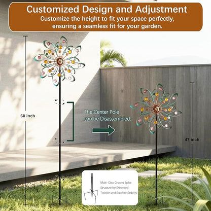 Large Metal Wind Spinners Outdoor, Double-Layer Yard Wind Spinner Outdoor with Stake, Kinetic Windmill for Yard and Garden, Lawn, Patio (60"× 14")