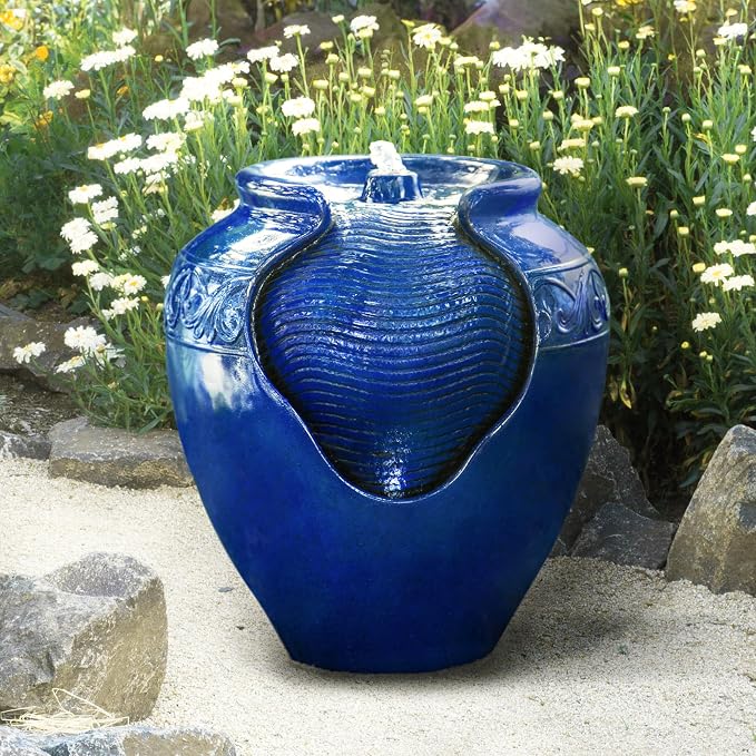Teamson Home 16.96 in. Outdoor Glazed Pot Water Fountain with LED Lights, Built-in Pump to Create a Calming Oasis in Gardens, Landscaping, Patios, Balconies, Lawns, Royal Blue | Glazed Pot Ceramic Look, LED Lights & Pump, Cascading Zen Fountain, For Ba...