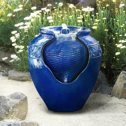 Teamson Home 16.96 in. Outdoor Glazed Pot Water Fountain with LED Lights, Built-in Pump to Create a Calming Oasis in Gardens, Landscaping, Patios, Balconies, Lawns, Royal Blue | Glazed Pot Ceramic Look, LED Lights & Pump, Cascading Zen Fountain, For Ba...