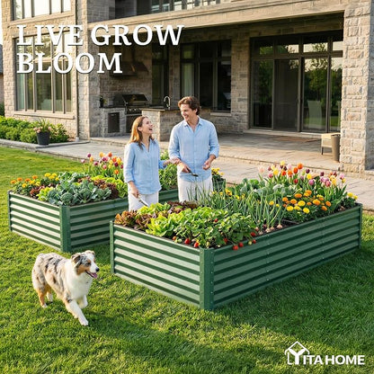 YITAHOME 8x4x1.5ft Galvanized Raised Garden Bed, Metal Planter Box with Safety Rubber, Gloves, Outdoor Flower Bed for Planting Plants Vegetables, Green