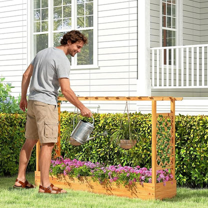 S AFSTAR 2 Pieces Wooden Raised Garden Bed with Trellis, 45" Elevated Planter Box with Hanging Roof & Open-Ended Base for Climbing Vine Flower Herb Vegetable, Outdoor Plant Container for Patio & Yard
