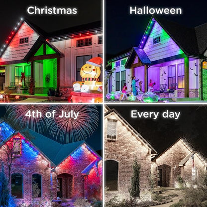 Enbrighten Eternity Permanent Outdoor Lights, 100ft with 72 RGBWIC LED Lights, App‑Controlled, Cuttable, Christmas, Accent & Year‑Round Eave Lighting, Works with Alexa & Google Home, 82730