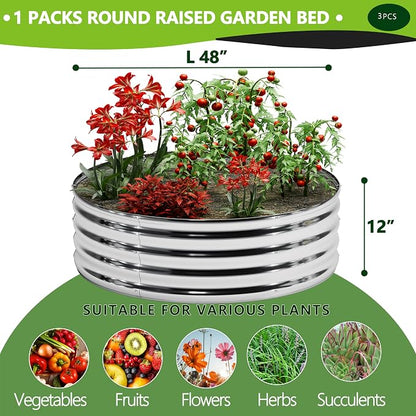 DIIYIV 3PCS 4x4x1FT Galvanized Raised Garden Bed, Outdoor Metal Vegetable Flower Planter Box Silver