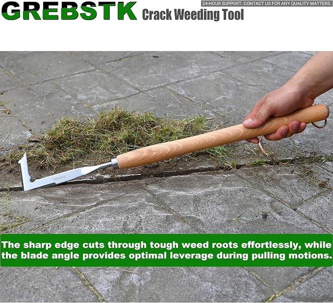 GREBSTK Crack Weeder Crevice Weeding Stainless Steel Sharp Tool, 22 in | Razor-Sharp Rust-Resistant L-Shaped Blade, Solid Beech Wood Non-Slip Handle, for Patio Cracks, Driveway Gaps, Walkway Edging