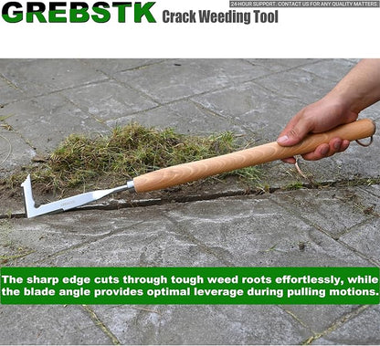GREBSTK Crack Weeder Crevice Weeding Stainless Steel Sharp Tool, 22 in | Razor-Sharp Rust-Resistant L-Shaped Blade, Solid Beech Wood Non-Slip Handle, for Patio Cracks, Driveway Gaps, Walkway Edging