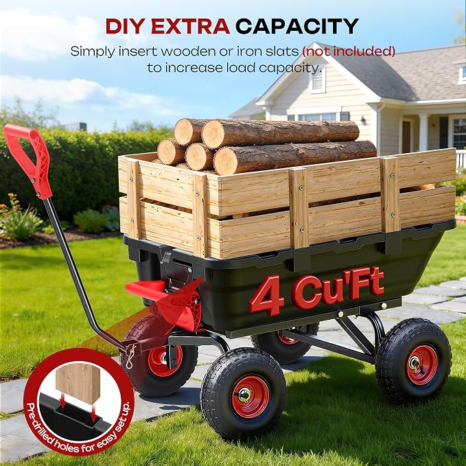 Garden Dump Cart Wheelbarrow 900Lbs, 10" All Terrain Tires Wagon | Upgrade Non-Slip Pneumatic Tires,DIY Expansion over 900LBS Capacity,Quick-Release Dumping, Steel Frame for Yard, Farm, Garden