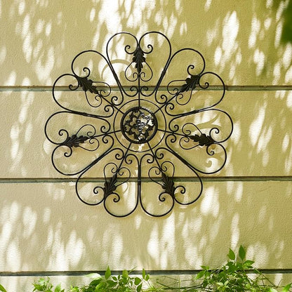 Glitzhome Outdoor Metal Wall Art Decor, Large Wrought Iron Scroll Wall Decor with Floral Design, Matte Black Finish, 23.75" D Exterior Garden Patio Porch Wall Decor