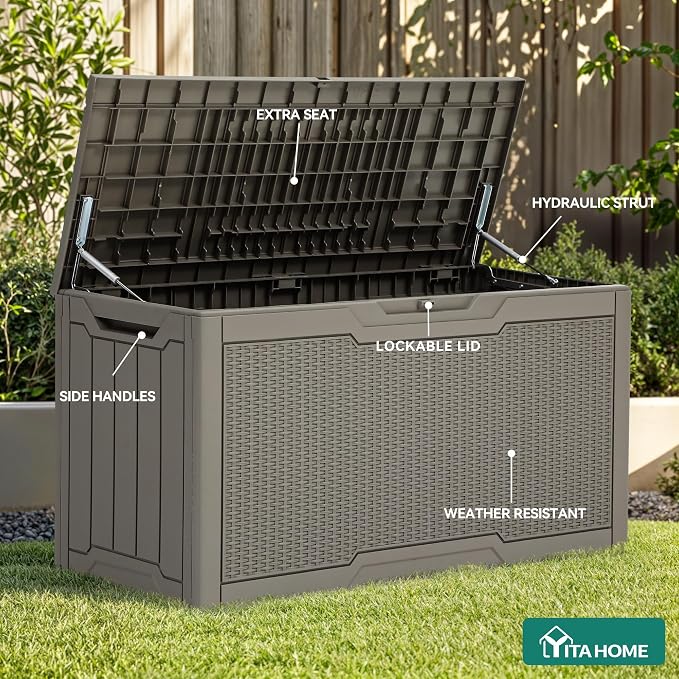 YITAHOME 80 Gallon Resin Deck Box | Weather Resistant Outdoor Rattan Storage Box, Lockable Indoor Outdoor Storage for Supplies and Essentials, Taupe