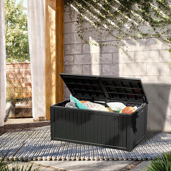Outdoor Storage Box, 270 Gallon Waterproof Deck Box, Super-Sized Gas-Spring Resin Trunk for Large Seat Pillows, Heavy-Duty Lockable Backyard Storage Sofa, Garden Lawn, Black
