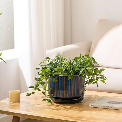SURE YUESI Ceramic Plant Pots Set of 3, Indoor Outdoor Planters with Drainage Hole and Saucer, Ceramic Flower Pots for Indoor Plants, 4.3+5.5+6.8 Inch, Home, Garden, Patio and Office, Glossy Blue