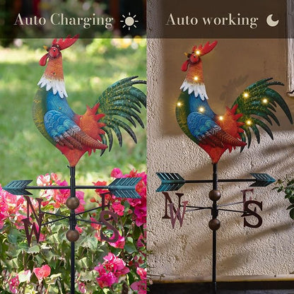 TERESA'S COLLECTIONS Garden Decor with Solar Outdoor Lights, Metal Rooster Weathervane Decorations for Outside, Red Yard Art Sign Decorative Garden Stake for Outdoor Fall Decor Lawn, Gifts for Mom