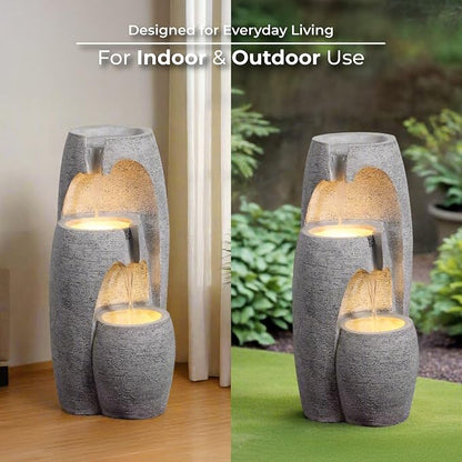 Teamson Home 3-Tier Cascading Urn Outdoor Water Fountain, Gray | Warm Glow Lighting, Adjustable Flow, Electric Pump