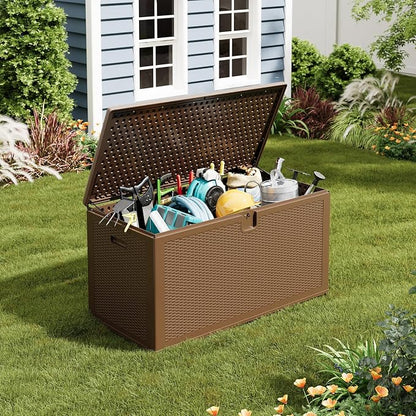 IDEALHOUSE 150 Gallon Resin Deck Box, Waterproof Outdoor Storage Box with Lockable Lid & UV Resistant, Patio Furniture Cushion Storage Container for Garden, Backyard, Poolside (Brown)