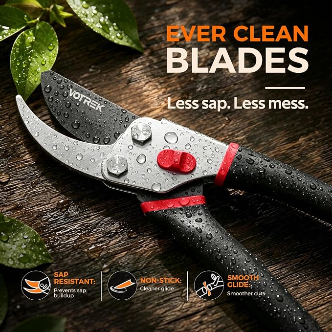 VOTREK® 8.5” Pruning Shears, Professional Garden Pruner with Jam-Proof Spring & Ever-Sharp SK5 Blade, Ergonomic Bypass Clippers for Rose, Tree Trimming, Heavy Duty Bonsai Scissor for Weak Hand