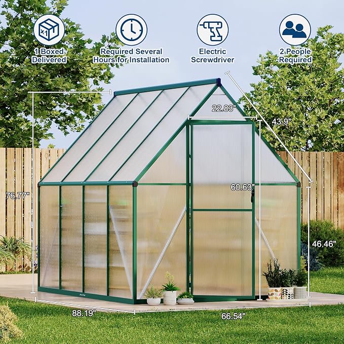 CABIHOME 6x7 FT Outdoor Greenhouse, Polycarbonate Greenhouse with Roof Vent and Ground Nails, Aluminum Large Walk-in Green House w/ Lockable Push Door for Outdoor Garden (Olive, 6x7 FT)