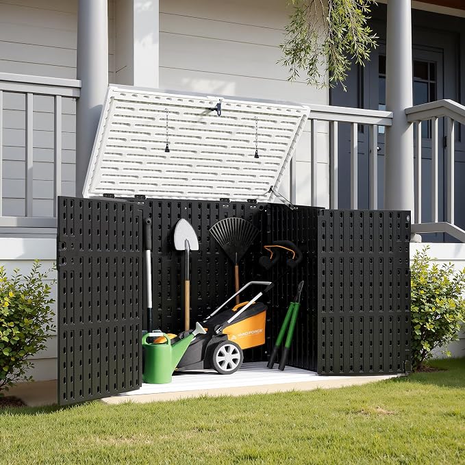 Greesum Outdoor Trash Can Storage Shed, 34 Cu.ft Waterproof Horizontal Storage Shed, Portable Horizontal Resin Storage Shed for Garden, Backyard, Patio, Dark Black