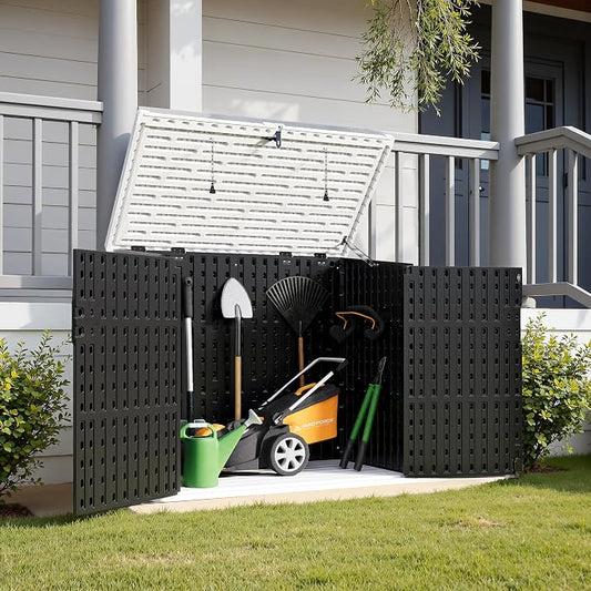 Greesum Outdoor Trash Can Storage Shed, 34 Cu.ft Waterproof Horizontal Storage Shed, Portable Horizontal Resin Storage Shed for Garden, Backyard, Patio, Dark Black