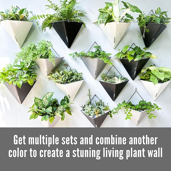 LaLaGreen Wall Planter (12in, 4 Pack) Large Indoor Self Watering Flower Pot | White and Gray Mixed Color Geometric Vertical Garden Plant Wall Hanging Vase Vessel with Black Metal Hanger Modern Stylish