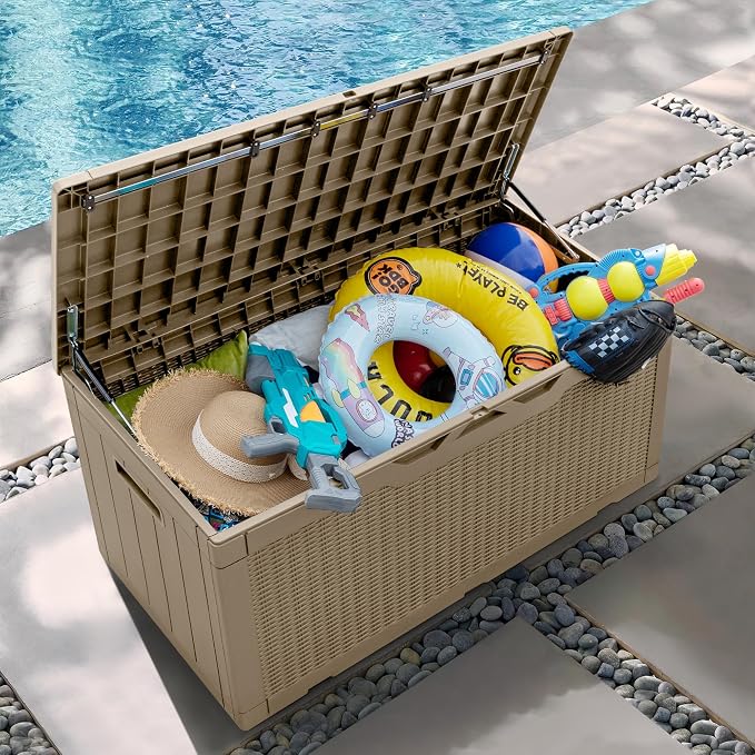 Greesum 100 Gallon Resin Patio Storage Box for Garden Tools, Outdoor Furniture Cushions, Pool Supplies, Coffee