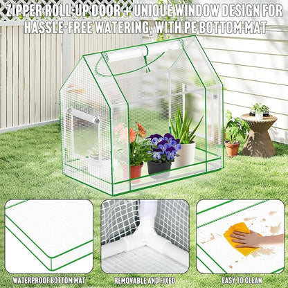 Mini Greenhouse Indoor with Waterproof PE Bottom Mat, 27.5x19.6x27.1in Tabletop Greenhouse for Seed Starting, Portable Small Greenhouse for Outdoors, Multi-Window Design & 4 304 Stainless Steel Labels