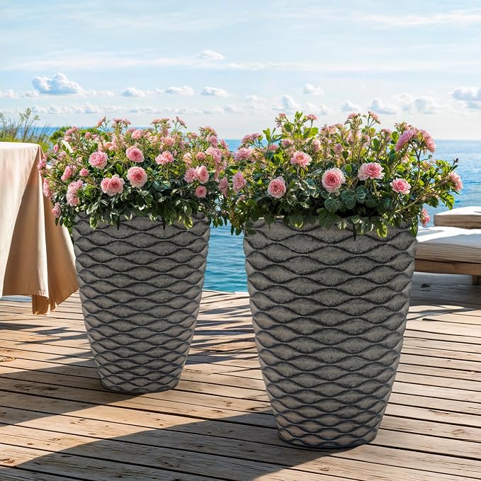 2-Pack 19" Rustic Black Resin Tall Planters with Wave Texture | Set of 2 resin tall planters with rustic black wave texture, drainage plugs, and UV-resistant finish for porch or patio