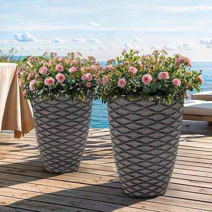 2-Pack 19" Rustic Black Resin Tall Planters with Wave Texture | Set of 2 resin tall planters with rustic black wave texture, drainage plugs, and UV-resistant finish for porch or patio