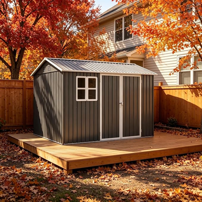 PVWIIK 10x8 FT Outdoor Storage Shed Metal, Heavy Duty Waterproof Steel Garden Tool Shed with Lockable Doors, Utility Storage Building for Backyard Patio Lawn Garden, Grey