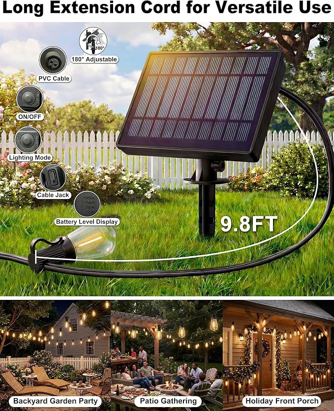 108FT (48+2) Outdoor String Lights Solar Powered, ST38 Dimmable Patio Lights with Remote & USB Charging, Dusk to Dawn, 2700K LED String Solar Light for Backyard, Garden, Porch, Wedding Decor