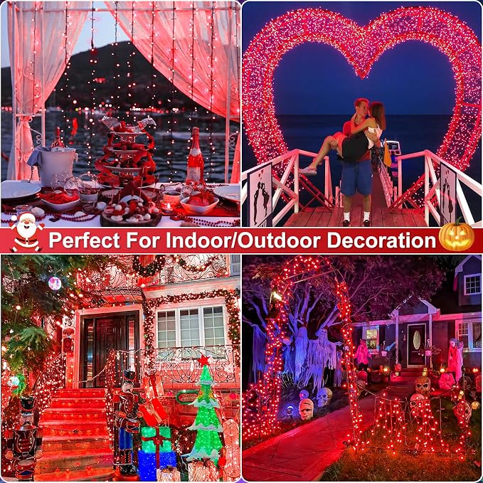 Red Christmas Lights Outdoor, 66FT 200 LED Christmas Tree Lights Indoor Waterproof, 8 Modes Connectable String Lights for Outside Bedroom Patio Garden Home Wedding Party Holiday Decorations
