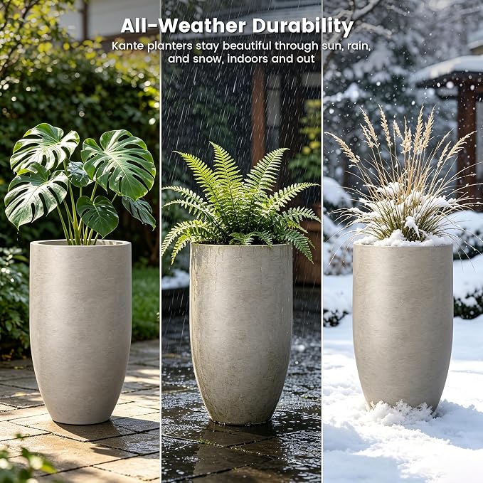 Kante 24" Tall Round Concrete Planter, 2 Pack Large Oval Plant Pots with Drainage Hole & Rubber Plug, Lightweight Weathered Concrete for Home Decor, Symmetrical Gift for Living Room Patio