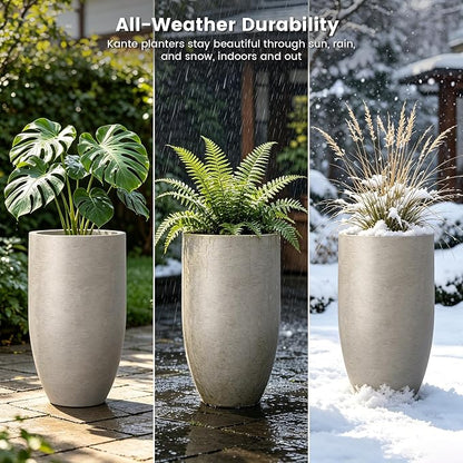 Kante 24" Tall Round Concrete Planter, 2 Pack Large Oval Plant Pots with Drainage Hole & Rubber Plug, Lightweight Weathered Concrete for Home Decor, Symmetrical Gift for Living Room Patio