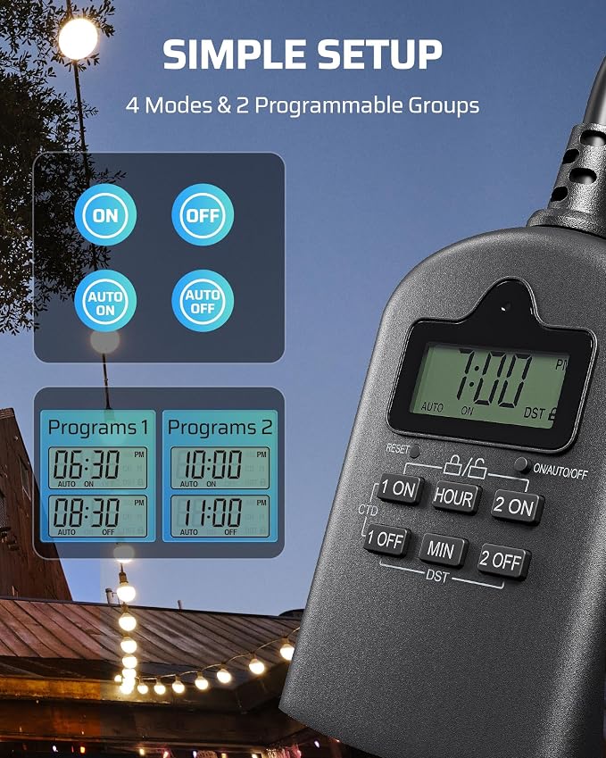 DEWENWILS Outdoor Timer Outlet Waterproof, Outdoor Digital Timer for Lights, Programmable with 2 Grounded Outlets, for Home and Garden, 15A, 1/2HP, Heavy Duty, ETL Listed