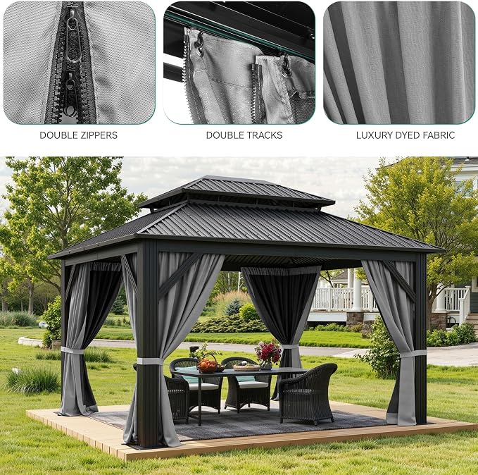 YITAHOME 12x14ft Hardtop Gazebo with Nettings and Curtains Heavy Duty | Double Roof Galvanized Steel Outdoor Combined of Vertical Stripes Roof for Patio, Backyard, Deck, Lawns, Gray