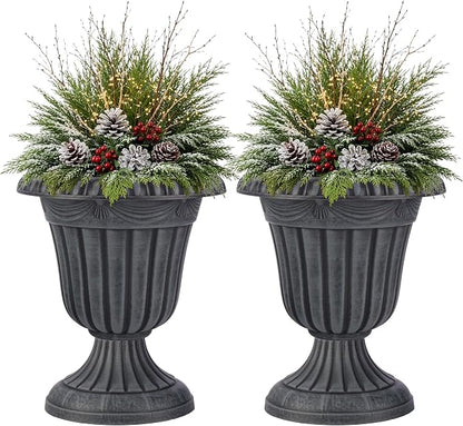 Outdoor Planter 2-Pack - 16x18-Inch Urn Planters for Front Porch Decor, Indoors, Patio or Entryway - Plastic Plant Pots - Large Decorative Flower Pots by Pure Garden (Stone Gray)